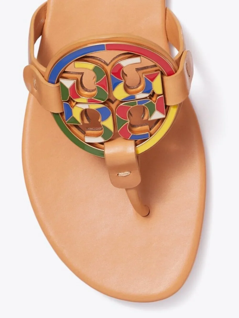 Tory Burch $298 Enamel Miller Soft Sandal Multi Natural Vachetta Tan 7.5 9 Slide
